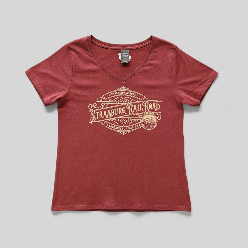 S/S Ladies V Neck W/Scrolls - Maroon