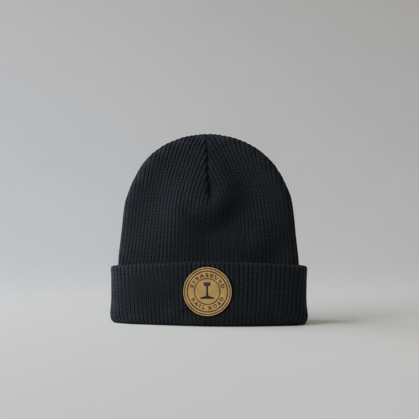 Waffle Knit W/Cuff/Leather Patch - Black