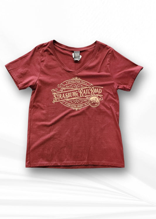 S/S Ladies V Neck W/Scrolls - Maroon